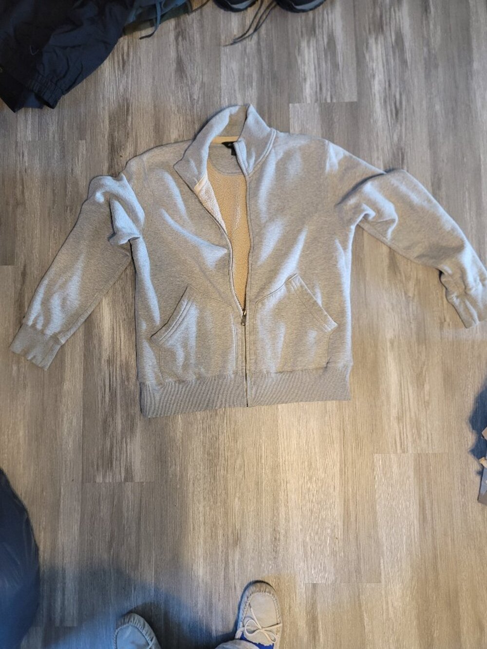 Mens full zip light grey Eddie Bauer sweatshirt - size XL - has spot on sleeve